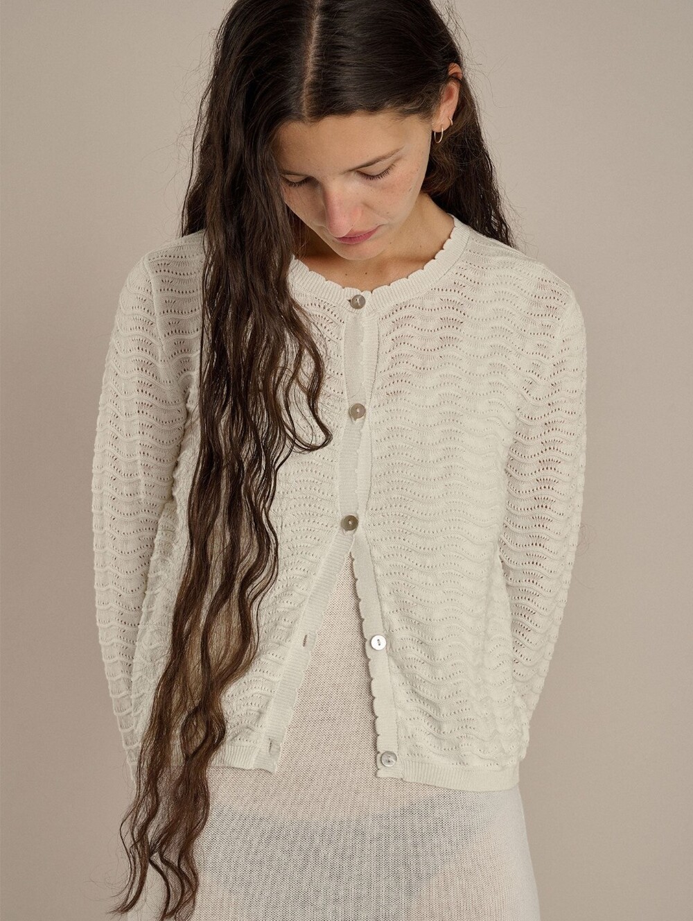 Demylee Ivory Textured Button Front Cotton Cardigan XS